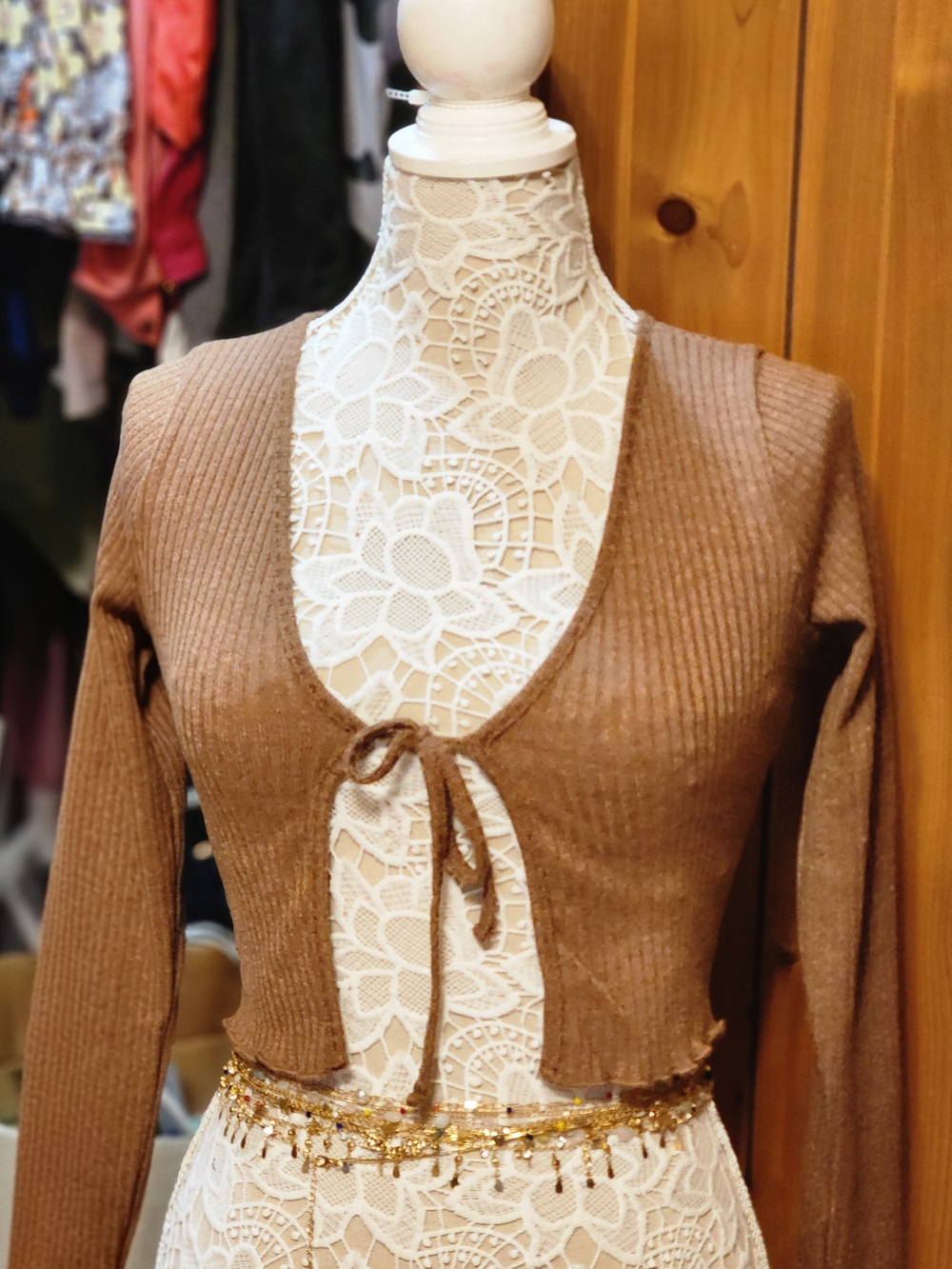 Bozzolo Brown Cropped Tie-Front Ribbed Cardigan